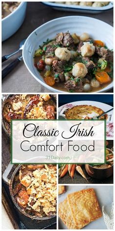 the cover of classic irish comfort food, with pictures of different dishes and vegetables in it