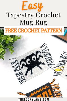 the easy tapestry crochet mug rug pattern with text overlay