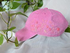 Pink baseball hat with hand embroidered florals. Created with two pinks (893 + 899*) and a beige pink (224*). Created with DMC thread. Hand Embroidered Hat Floral Embroidered Denim Cap Vintage Hat For Woman Embroidered Baseball Cap Birthday Gift Gift For Women Bach Gift, Pink Baseball Hat, Pink Baseball Cap, Denim Cap, Embroidered Hat, Embroidered Baseball, Embroidered Baseball Caps, Fun Sweatshirts, Vintage Hat