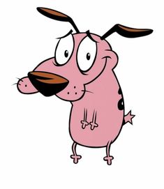 the pink dog cartoon character with big eyes and brown nose, standing in front of white background