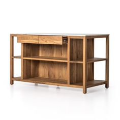 the sideboard is made from wood and has two shelves on each side, with one drawer open