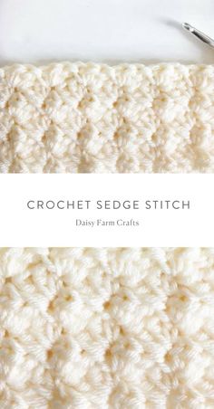 the crochet sedge stitch pattern is shown in white and has two rows of yarn