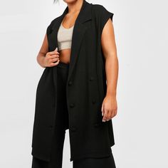 Black Sleeveless Stretch Officewear Vest Unlined No Pockets Faux Buttons 95% Polyester 5% Elastane Black Sweater Vest For Spring Workwear, Spring Black Sweater Vest For Work, Sleeveless Black Outerwear For Layering, Black Sleeveless Outerwear For Layering, Versatile Black Vest For Fall, Black Vest For Spring Layering, Chic Sleeveless Outerwear For Layering, Chic Black Sweater Vest For Work, Versatile Sleeveless Outerwear For Work