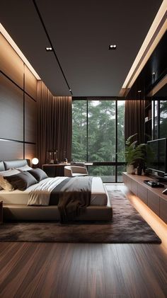 a modern bedroom with wooden floors and large windows overlooking the forest outside, is lit by recessed lighting