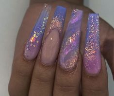 Purple Long Acrylic Nails, French Tip Purple, Glitter French Tip, Chunky Glitter Nails, Opal Nails, Encapsulated Nails, Purple Acrylic Nails, Squoval Nails, Purple Acrylic