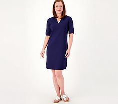 Show up to all the summer functions looking effortlessly elegant in this pima cotton dress. Side slits and a rounded hem are subtle details that make this style oh-so chic. From Isaac Mizrahi Live!TM. Elegant Cotton Dresses With Side Slits, Summer Workwear Tunic, Summer Workwear Dresses With Side Slits, Summer Work Dresses With Side Slits, Casual Work Dresses With Side Slits, Casual Workwear Dresses With Side Slits, Elegant Summer Cotton Tunic, Pink Knit Dress, Daisy Embroidery