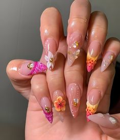 17 Birthday Acrylic Nails, Mix Match Nails Summer, Pink And Purple Short Nails, Black Tropical Nails, Fun Vacation Nails Almond Shape, Almond Snowflake Nails, Hawaii Theme Nails, Cute 3d Nails, Acrylic Floral Nails