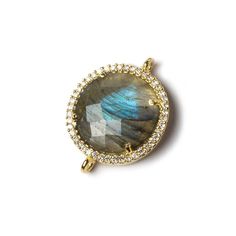 17mm Gold Bezel CZ and Labradorite Coin Connector 1 focal bead - Beadsofcambay.com Focal Bead, Labradorite, Cubic Zirconia, 1 Piece, Beads