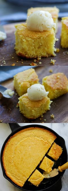 two pictures of cornbreads with ice cream on top and in the middle, one has a cast iron skillet