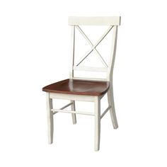 a white chair with a wooden seat and cross back design on the side, against a white background