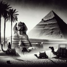 black and white photograph of the great pyramids in egypt, with camels nearby