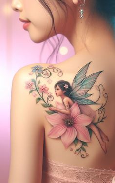 a woman with a flower tattoo on her back and shoulder, holding a pink flower