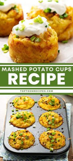 mashed potato cups recipe on a baking sheet and in a muffin tin with text overlay