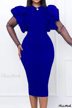 Olivia Mark - Exquisite Royal Blue Patchwork One Step Skirt Dress with Elegant Solid Design and Turndown Collar Blue Ruffled Dresses For Winter, Blue Ruffled Winter Dress, Blue Winter Dresses With Ruffles, Fitted Light Blue Patchwork Dress, Blue Party Dress With Splicing Details, Blue Knee-length Spliced Dress, Birthday Dress Women, Butterfly Sleeve Dress, Draped Midi Dresses