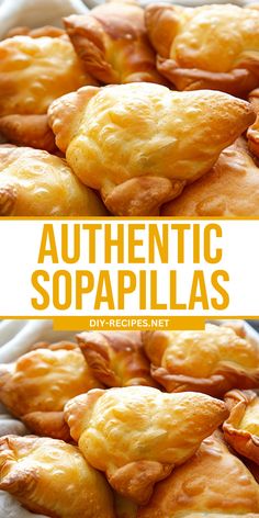 some breads that are sitting on top of each other in front of the words authentic sopapillas