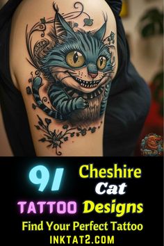 a woman with a tattoo on her arm and the caption reads 9 cheeshire cat