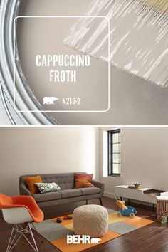 a living room filled with furniture next to a wall covered in white plastic wrap and text reading cappuccino froth n16 - 2