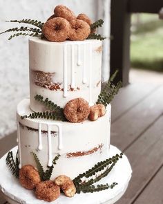 a three tiered cake with donuts on top and ferns in the bottom layer