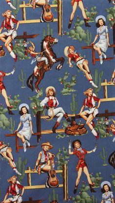 Cowgirl Vintage, Alexander Henry Fabrics, Chambray Fabric, Alexander Henry, Retro Pin Up, Vintage Cowgirl, Novelty Fabric, Retro Fabric, Western Cowgirls