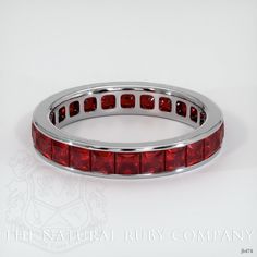 Elegance is dramatically represented with this ruby, princess-cut, natural ruby eternity band! Glowing like a glorious English garden, this exquisite wedding band features rubies, securely set in the precious metal color and karat quality that you desire. Imagine natural rubies set in gleaming platinum, yellow, white, or rose gold. Eternity bands represent the circle of love, the cherished bond that serves as a constant reminder of the strength and durability of a special relationship. This White Gold Rings Simple, Ruby Eternity Band, Ruby Wedding Band, Ruby Wedding Rings, Simple Wedding Bands, Ruby Bands, Meaning Of Love, Wedding Band Sets, Eternity Wedding Band