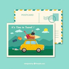 a postcard with an image of a yellow car and suitcases on the roof