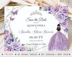 save the date card with purple flowers and princess dress on it, surrounded by feathers