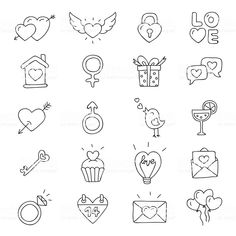 the icons for valentine's day are drawn in black and white