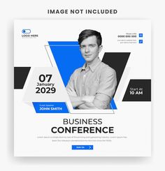 a blue and black business conference flyer with a man's face in the center