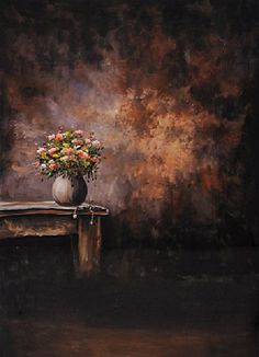 a painting of flowers in a vase sitting on a wooden table against a dark background