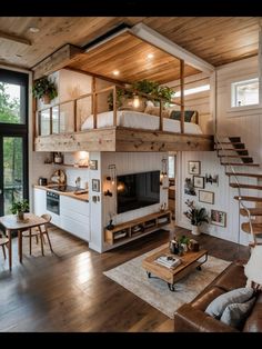 a living room filled with furniture and a fire place under a loft style bunk bed