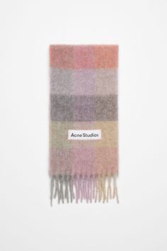 Checked scarf is made of a soft mohair blend with fringed ends. Detailed with an Acne Studios embroidered logo. Crafted from carefully selected material known for its soft and hairy fibres. FN-UX-SCAR000115 Acne Studio, Alpaca Scarf, Lilac Pink, Checked Scarf, Studio Logo, Scarf Hat, Cold Weather Accessories, Dress For Success, Alpaca Wool