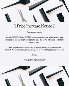 Hairstylist Price Increase, Price Increase Announcement Post Salon, Cancelation Announcement Salon, Hair Salon Raffle Ideas, New Prices Announcement, Hairstylist Booking Policies, Hair Salon Policy, Hairstylist Social Media Marketing, Hair Salon Price Increase Notice