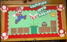 this is an image of a paper mario birthday card with the words tumping into spring on it