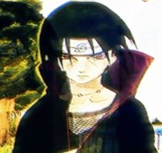 an anime character is standing in front of some trees and bushes with his head tilted to the side