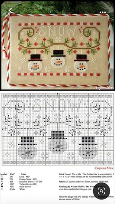 a cross stitch pattern for a snowman ornament on a christmas tree branch