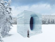 a man standing in front of an ice - like structure surrounded by snow covered trees