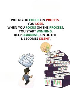 a person standing next to stacks of books with the words when you focus on profits, you