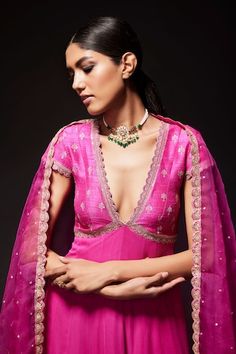 Pink padded anarkali with an empire waistline featuring floral zari embroidery on bodice and floral patterned border on hem. Comes with scallop lace dupatta. - Aza Fashions Kavitha Gutta, Anarkali With Dupatta, Zari Embroidery, Women Kurta, Empire Waistline, Pink Sequin, Scalloped Lace, Embroidered Silk, Raw Silk