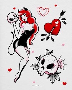 a drawing of a woman holding a heart and skull