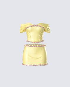 The belle of the ball 💛 Be the beauty they’ve been searching for in this two-piece matching set featuring a yellow floral off-shoulder top and micro mini skirt 😌 Strapless Party Sets For Spring, Summer Party Sets With Off-shoulder Shape, Off-shoulder Summer Party Sets, Summer Off-shoulder Party Sets, Yellow Two-piece Dress For Spring, Spring Yellow Two-piece Dress, Elegant Off-shoulder Sets For Spring, Elegant Off-shoulder Spring Sets, Coquette Clothing