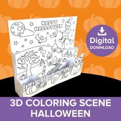 the halloween coloring scene is on display in front of an orange background