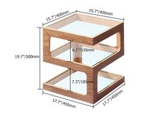 a wooden table with two glass shelves on each side and measurements for the top shelf