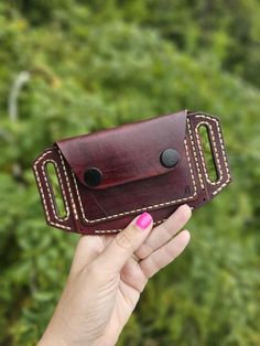 Never lose your wallet as long as you have your belt. Perfect for traveling and hike. Hand-dyed, handsewn, genuine leather wallet. Leather Wallets With Pockets For Daily Use, Everyday Burgundy Leather Wallets, Burgundy Leather Wallet For Everyday Use, Casual Everyday Leather Wallets, Casual Leather Wallets For Everyday Use, Artisan Hand-stitched Wallets, Artisan Hand-stitched Wallets For Everyday Use, Genuine Leather Wallets, Money Clip Wallet