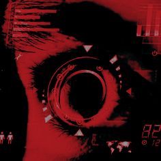 a person's eye is shown with red and black images in the background,