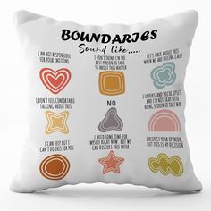 a pillow that has different types of boundariess on it