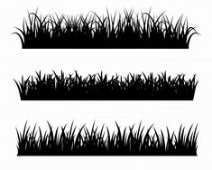 grass silhouettes on white background, set of three different types of grass in black and white