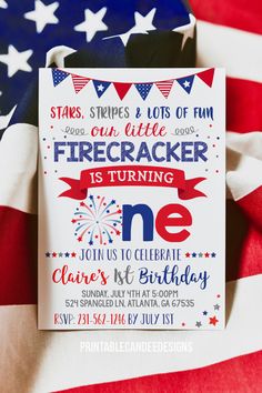 a firecracker is turning one birthday card on top of an american flag background