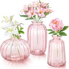 three pink vases with flowers in them on a white background, one is empty