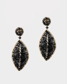 Crochet Leaf Earrings Black - Frances Valentine Handmade Gold Beaded Earrings For Evening, Elegant Handwoven Earrings, Elegant Handwoven Dangle Jewelry, Elegant Handwoven Dangle Earrings, Elegant Handwoven Black Beaded Earrings, Elegant Black Handwoven Beaded Earrings, Crochet Leaf Earrings, Crochet Leaf, Frances Valentine