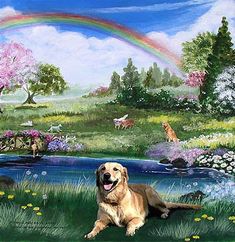 a painting of a dog sitting in front of a pond with a rainbow above it